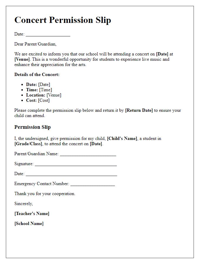 Letter template of concert permission slip