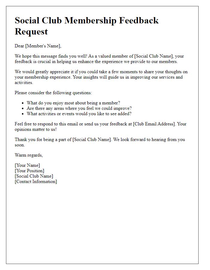 Letter template of social club membership feedback request