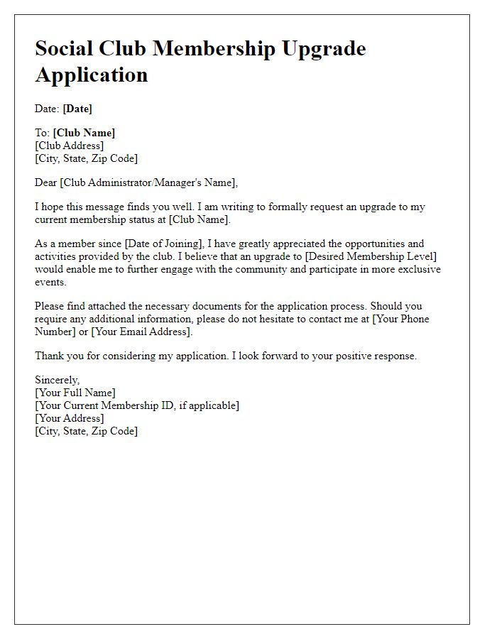 Letter template of social club membership upgrade application