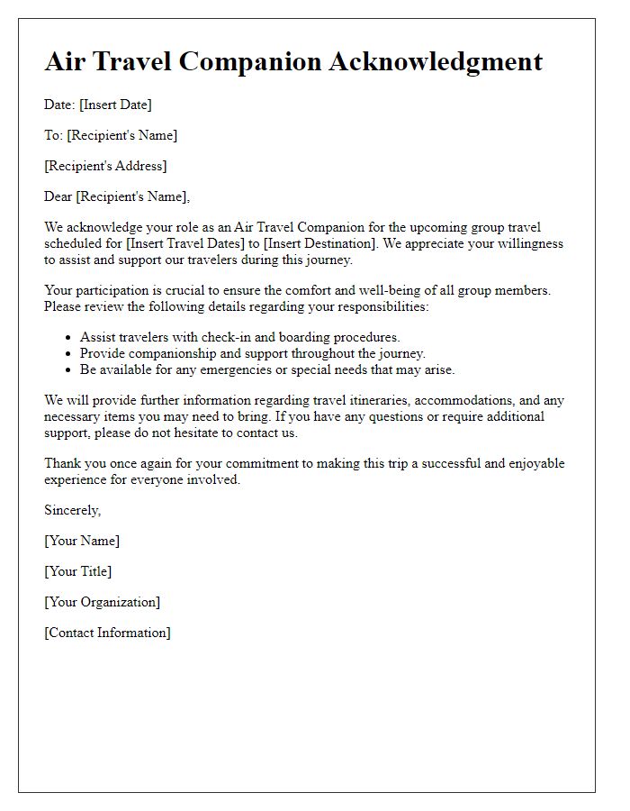 Letter template of Air Travel Companion Acknowledgment for Group Travel