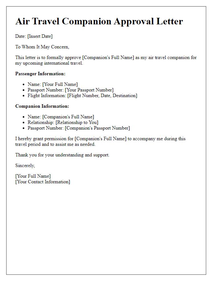 Letter template of Air Travel Companion Approval for International Travel