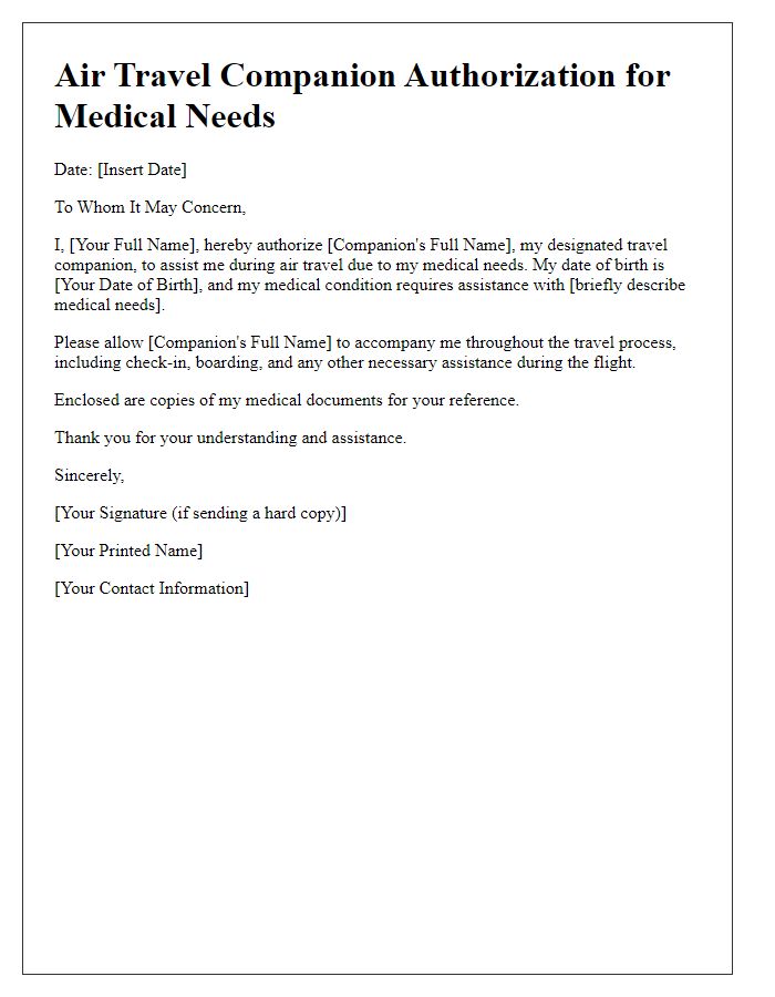 Letter template of Air Travel Companion Authorization for Medical Needs