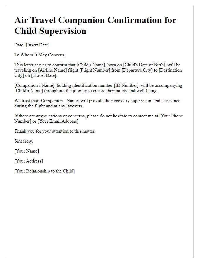 Letter template of Air Travel Companion Confirmation for Child Supervision