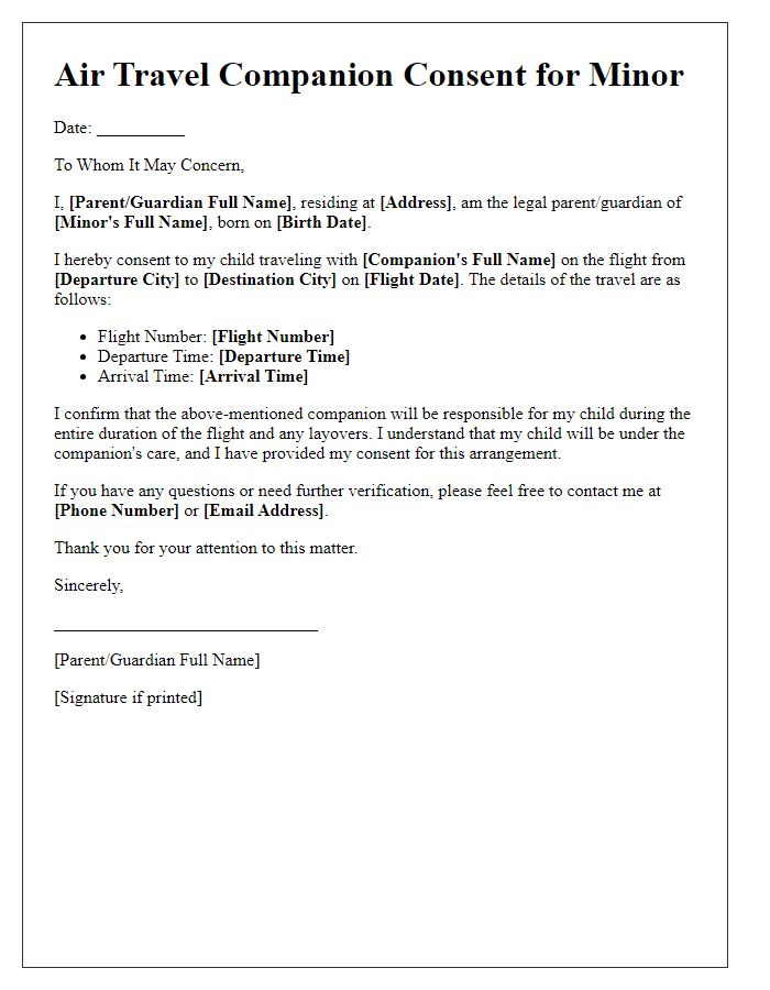 Letter template of Air Travel Companion Consent for Minor