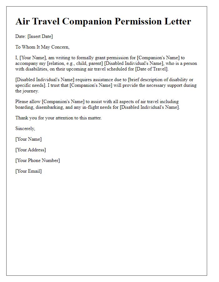 Letter template of Air Travel Companion Permission for Disabled Individual