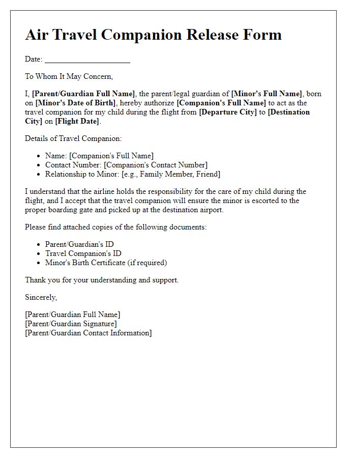 Letter template of Air Travel Companion Release for Unaccompanied Minor