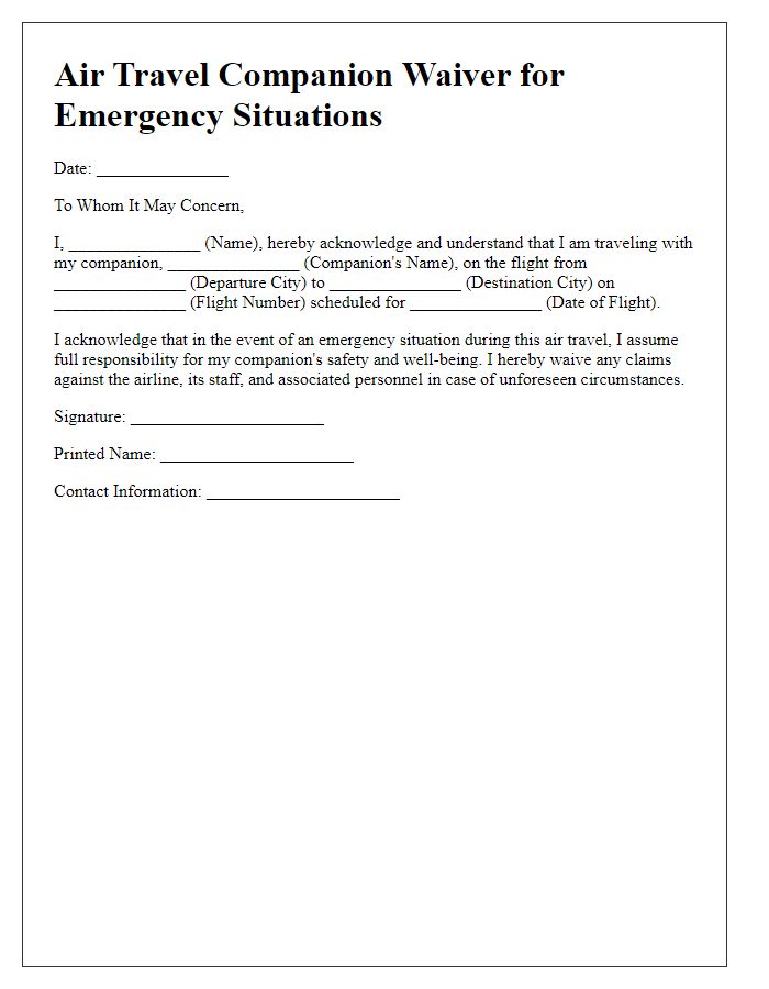 Letter template of Air Travel Companion Waiver for Emergency Situations