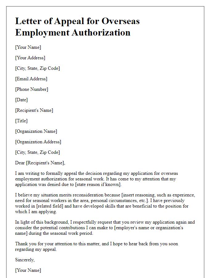 Letter template of appeal for overseas employment authorization for seasonal work