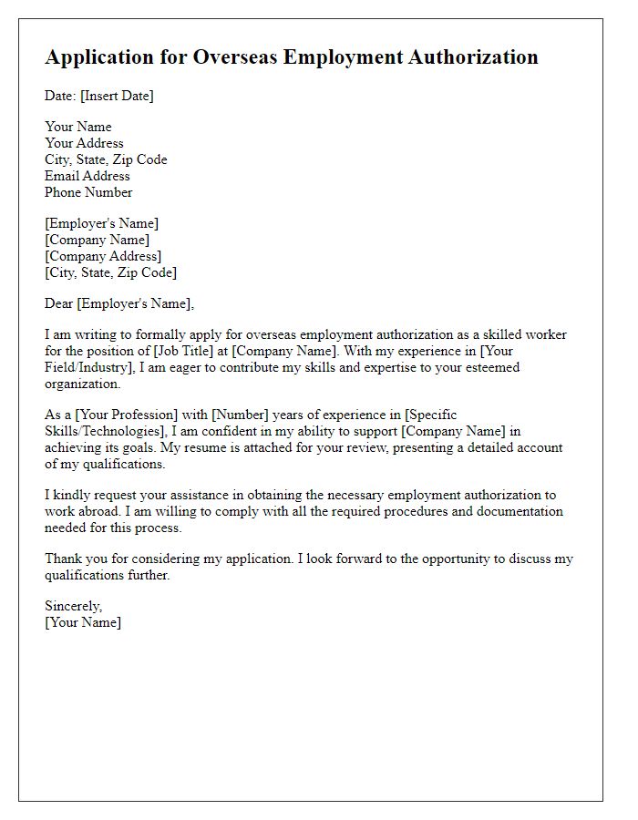 Letter template of application for overseas employment authorization for skilled workers