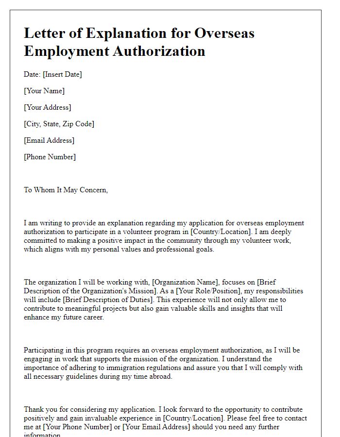 Letter template of explanation for overseas employment authorization for volunteer work