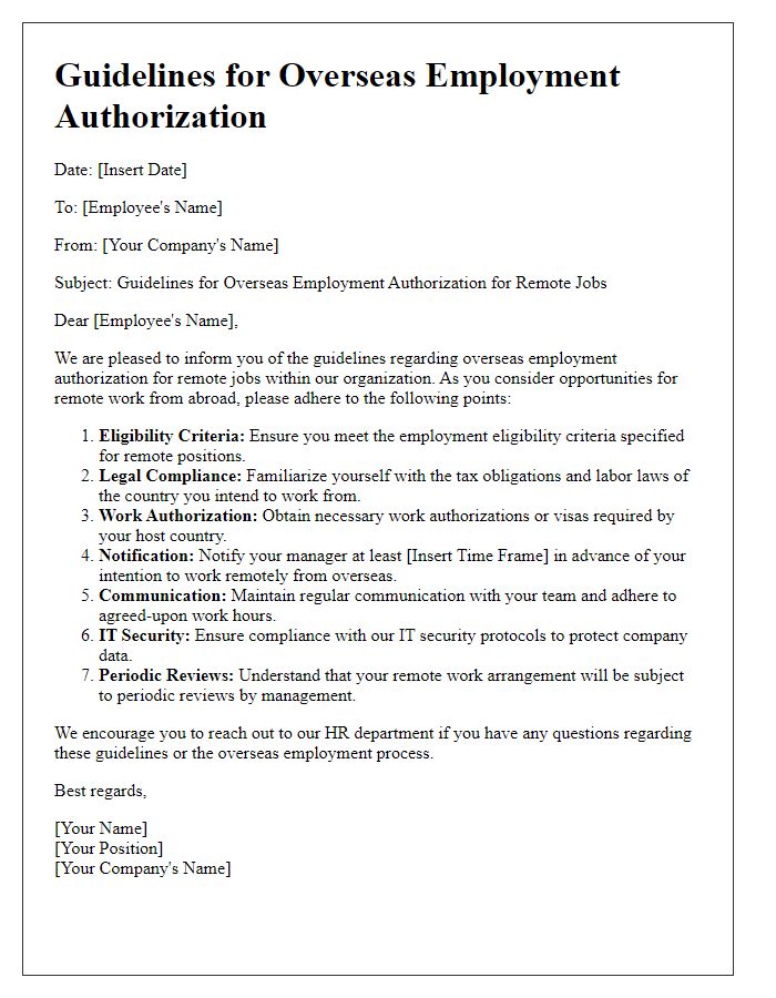 Letter template of guidelines for overseas employment authorization for remote jobs