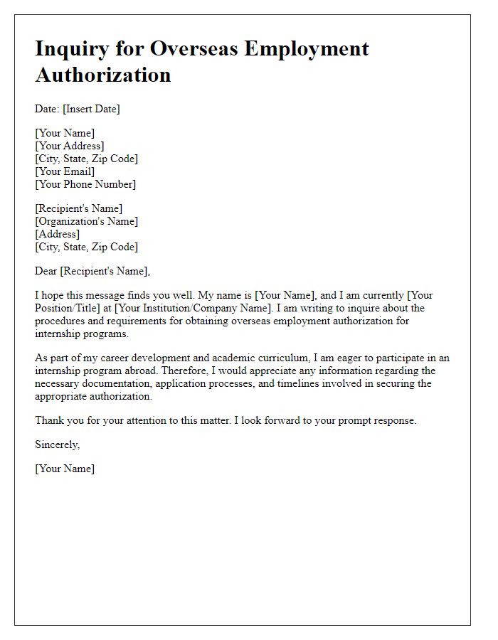 Letter template of inquiry for overseas employment authorization for internship programs