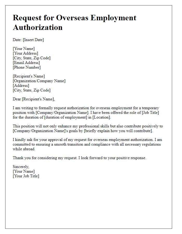 Letter template of request for overseas employment authorization for temporary positions