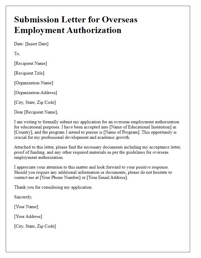 Letter template of submission for overseas employment authorization for educational purposes