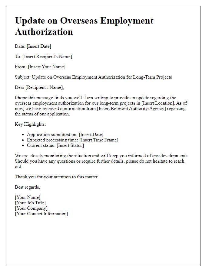 Letter template of update for overseas employment authorization for long-term projects