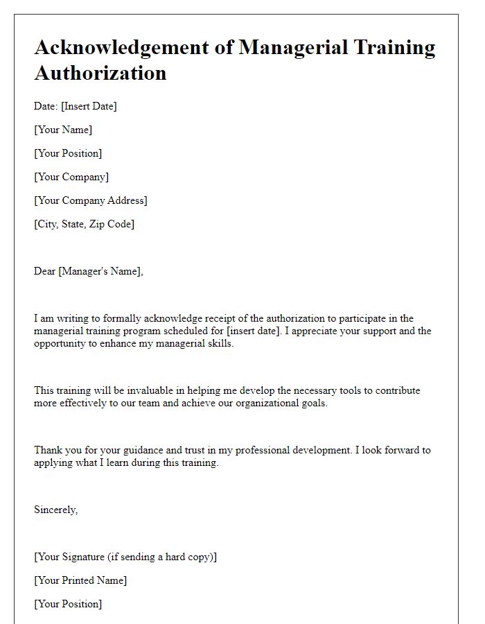 Letter template of acknowledgement for managerial training authorization