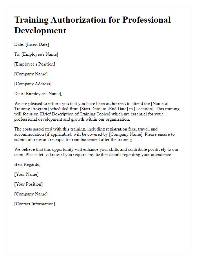 Letter template of training authorization for professional development