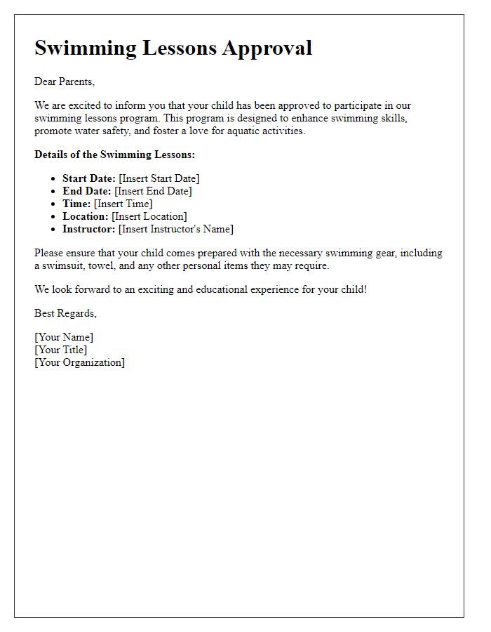 Letter template of swimming lessons approval for parents