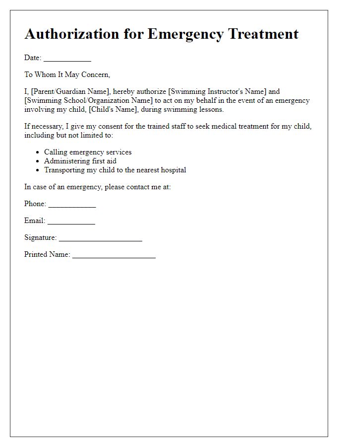 Letter template of swimming lessons authorization for emergency treatment