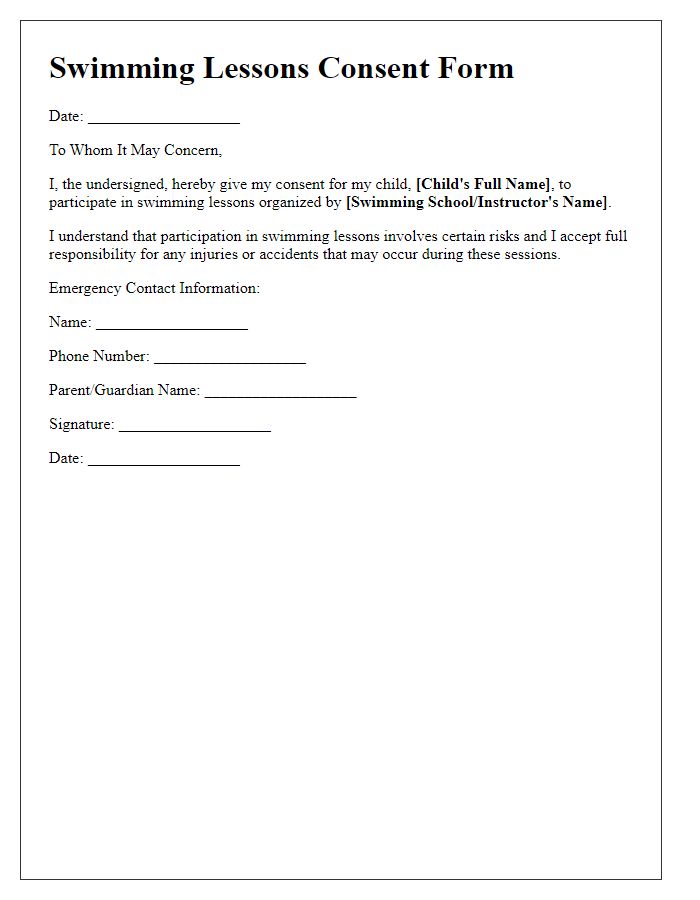 Letter template of swimming lessons consent for minors