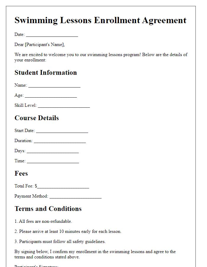 Letter template of swimming lessons enrollment agreement