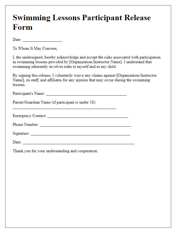 Letter template of swimming lessons participant release