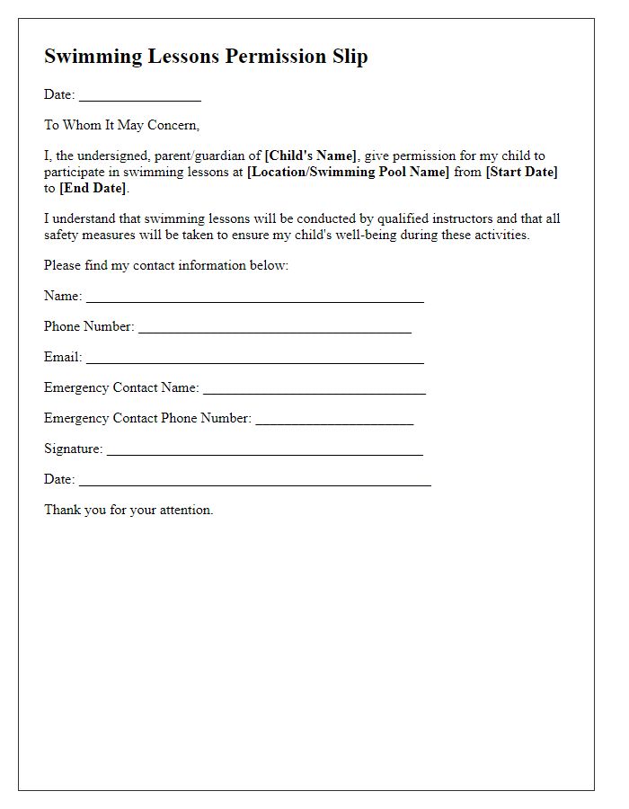 Letter template of swimming lessons permission slip