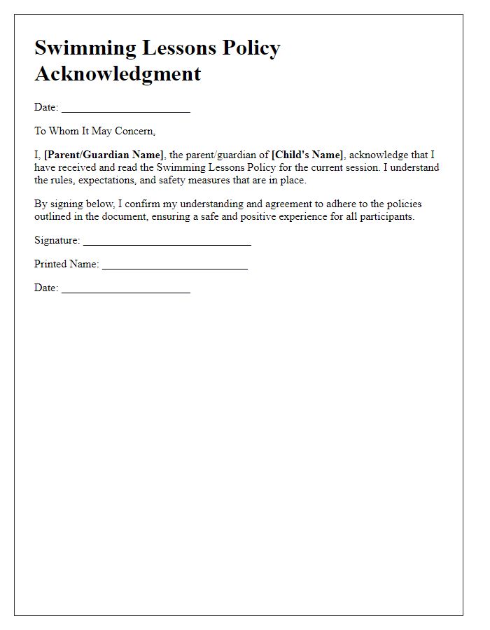 Letter template of swimming lessons policy acknowledgment