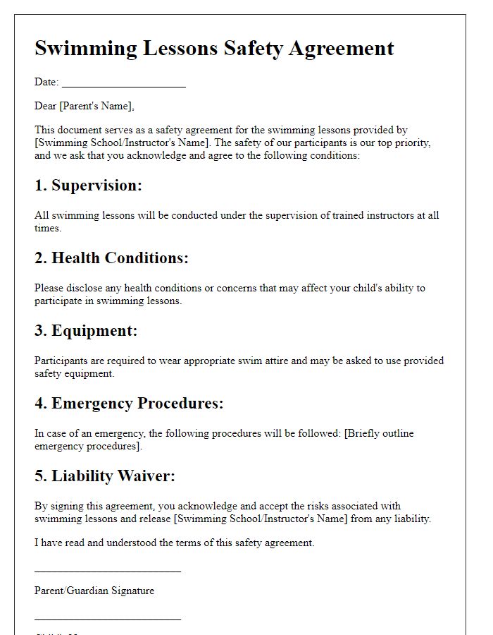 Letter template of swimming lessons safety agreement