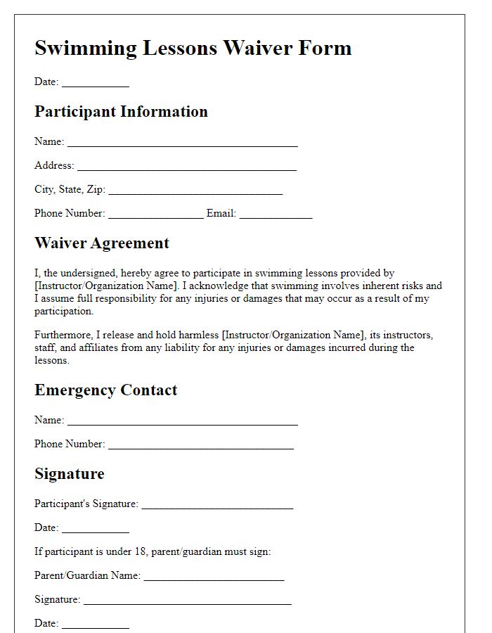 Letter template of swimming lessons waiver form