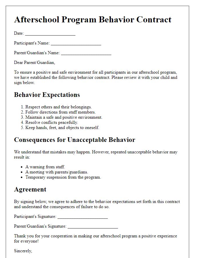 Letter template of afterschool program behavior contract