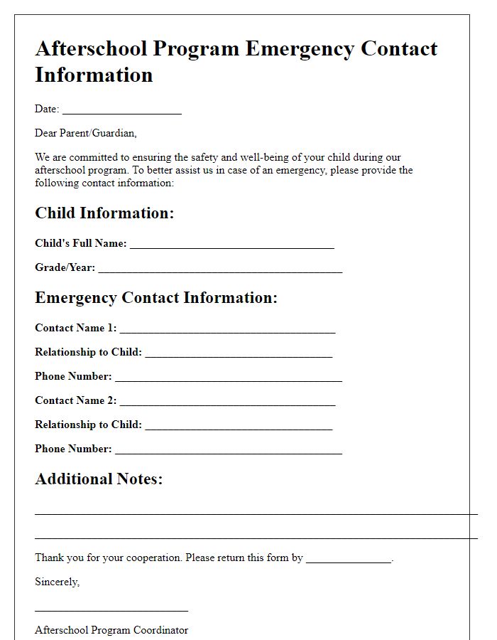 Letter template of afterschool program emergency contact information