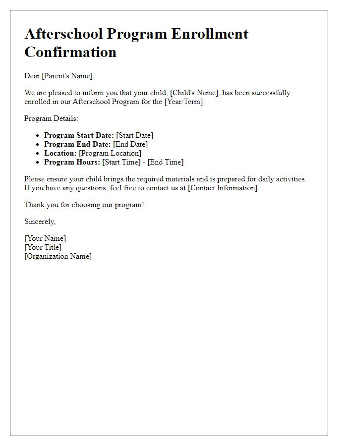 Letter template of afterschool program enrollment confirmation