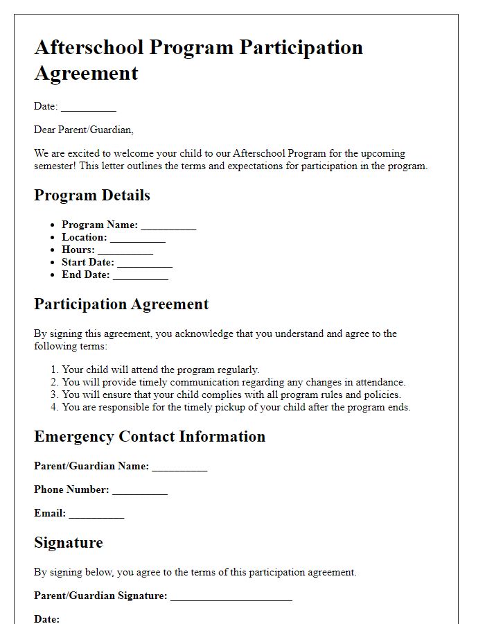 Letter template of afterschool program participation agreement