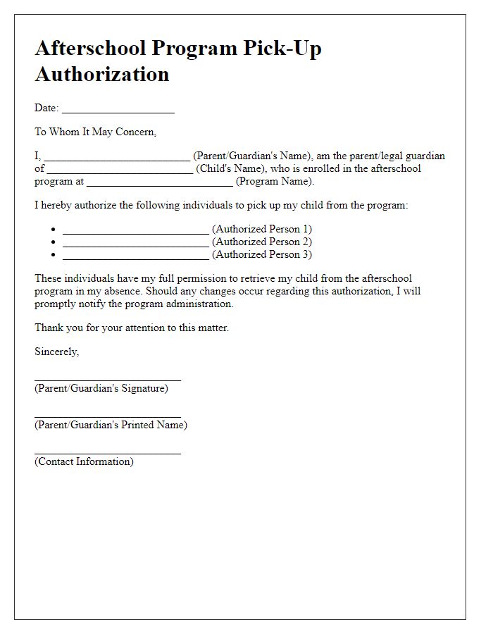 Letter template of afterschool program pick-up authorization