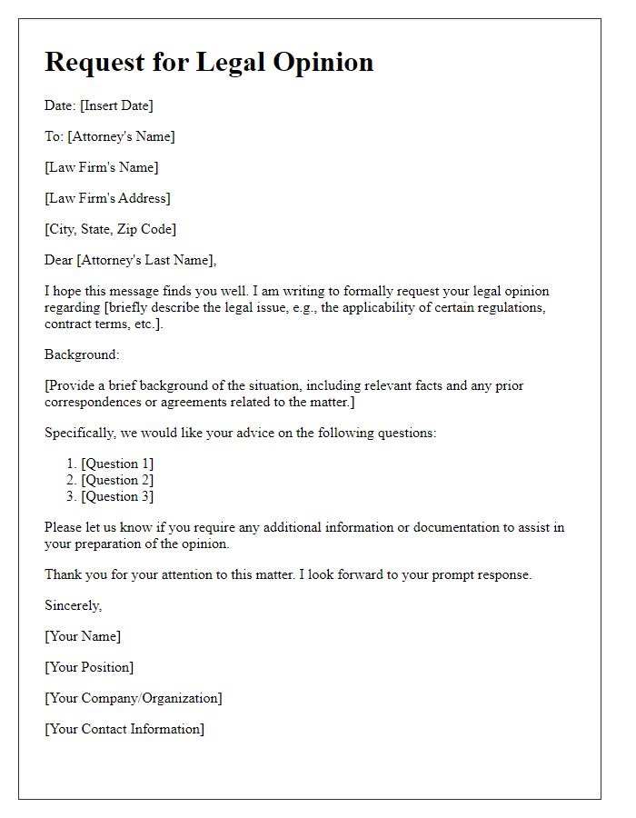 Letter template of correspondence for legal opinion preparation