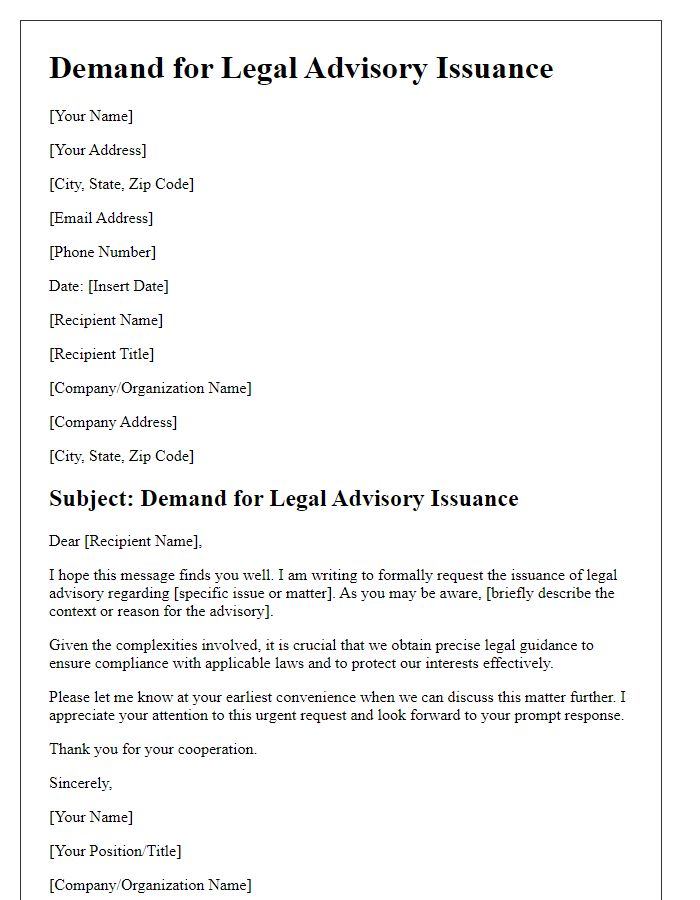 Letter template of demand for legal advisory issuance