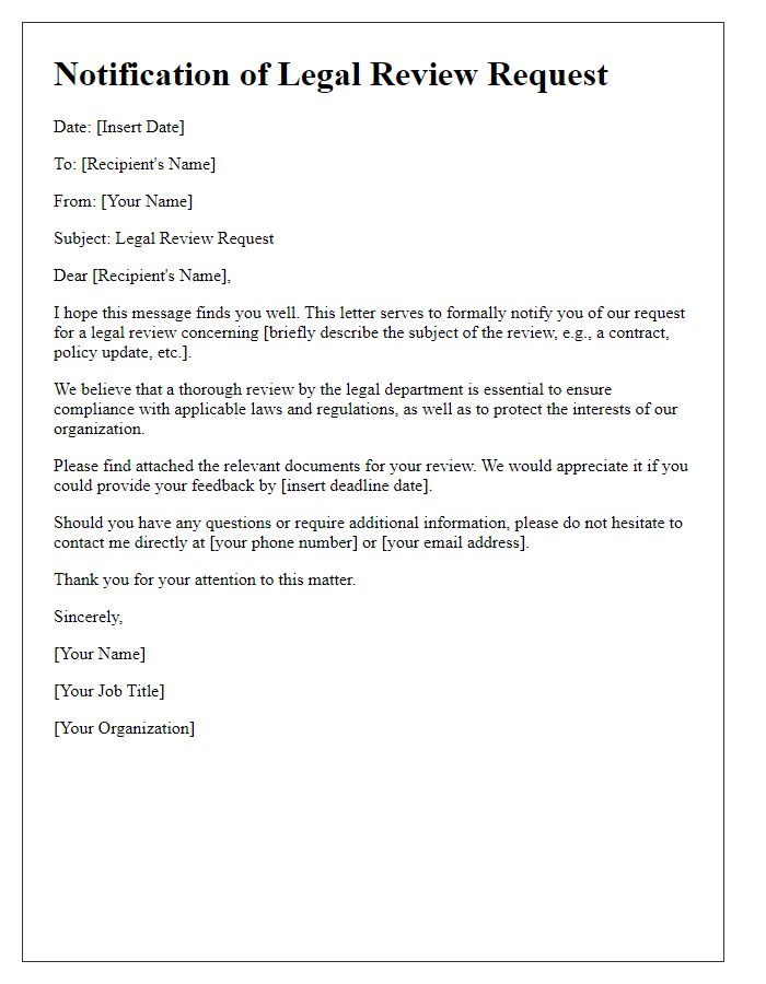 Letter template of notification for legal review request