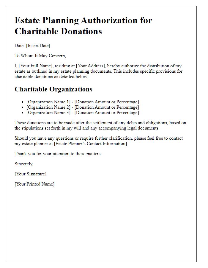 Letter template of estate planning authorization for charitable donations.