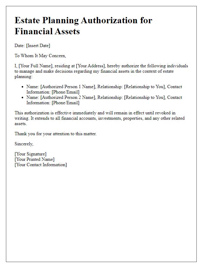 Letter template of estate planning authorization for financial assets.