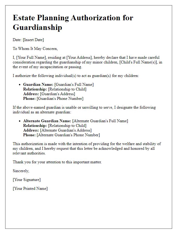 Letter template of estate planning authorization for guardianship arrangements.