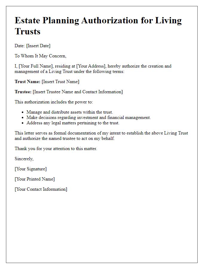 Letter template of estate planning authorization for living trusts.