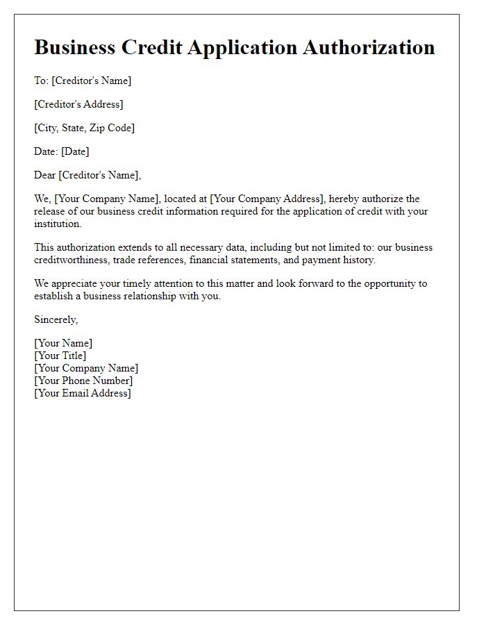 Letter template of business credit application authorization for corporate partnerships