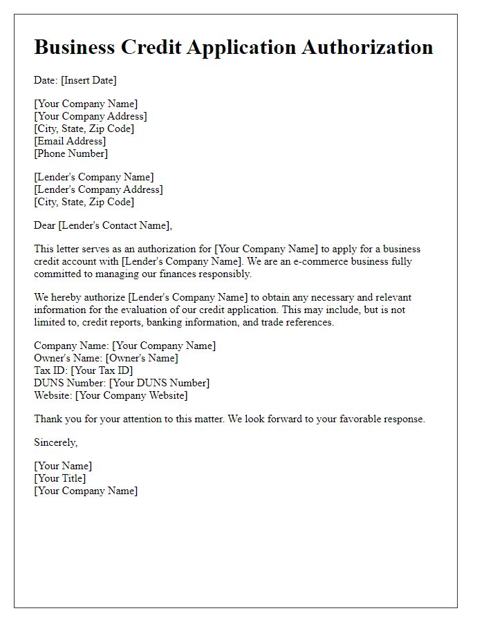 Letter template of business credit application authorization for e-commerce businesses