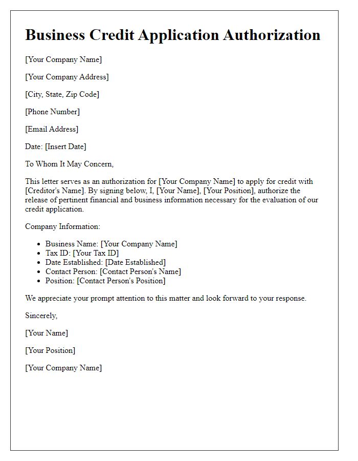 Letter template of business credit application authorization for established companies