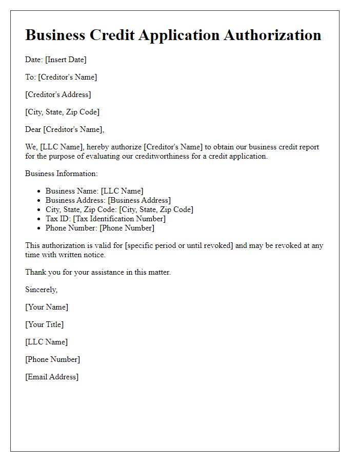 Letter template of business credit application authorization for LLCs