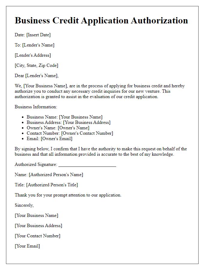 Letter template of business credit application authorization for new ventures