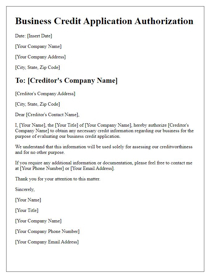 Letter template of business credit application authorization for small businesses