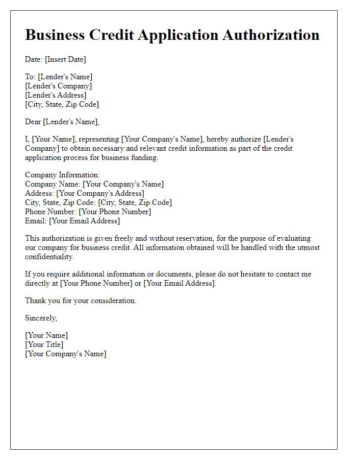 Letter template of business credit application authorization for startups seeking funding