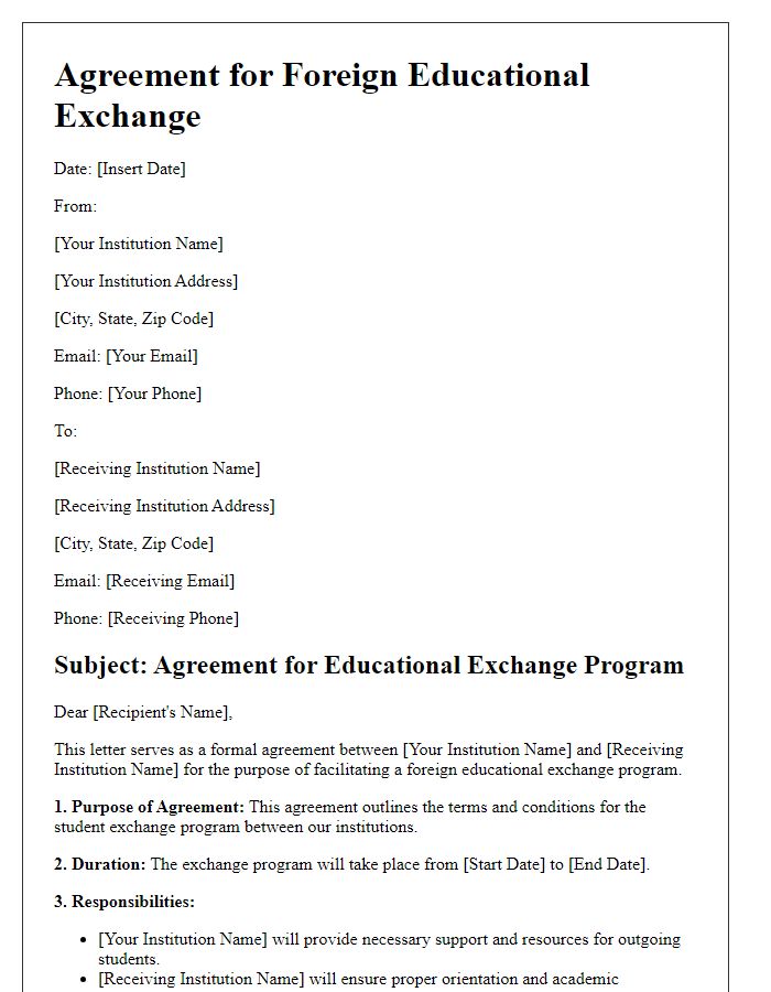 Letter template of agreement for foreign educational exchange